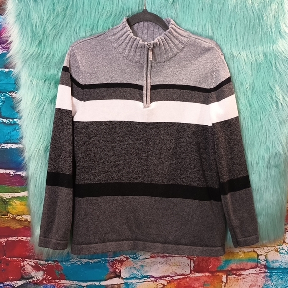 Karen Scott Gray White and Black Zip Up Long Sleeve Sweater Size L - Picture 1 of 8